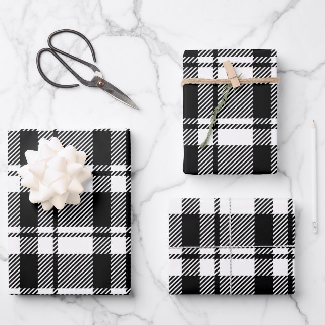Modern White and Black Tartan Plaid  Wrapping Paper Sheet (Front)
