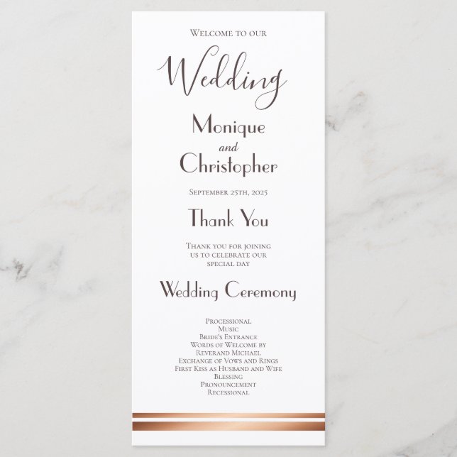 Modern White and Copper Wedding Program (Front)