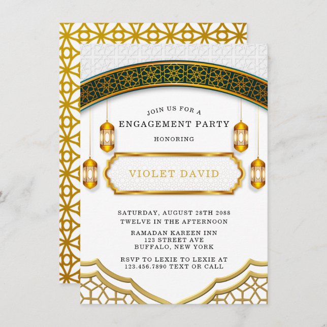 Modern White and Gold Islamic Engagement Party  Invitation (Front/Back)