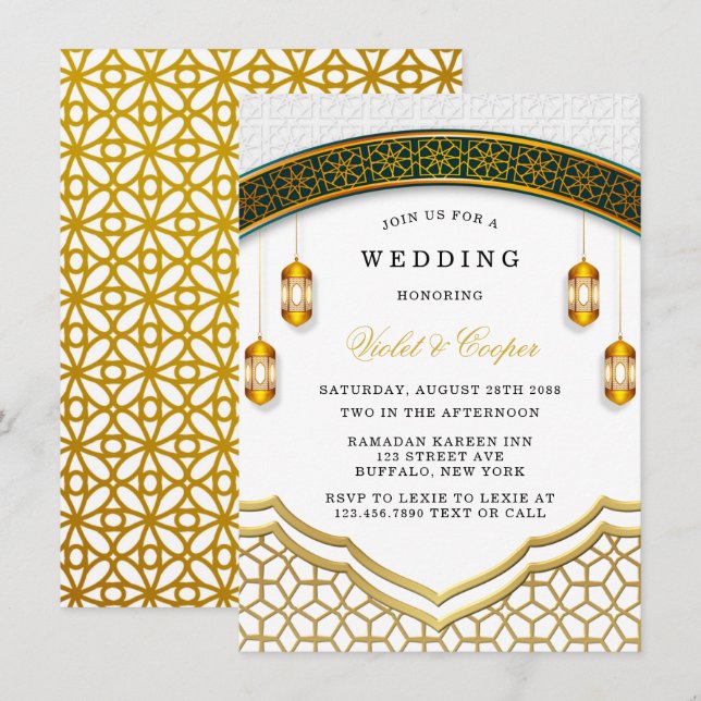 Modern White and Gold Islamic Wedding Invitation (Front/Back)