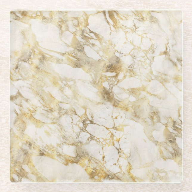 Modern White and Gold Marble Pattern Glass Coaster (Front)