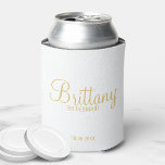 Modern White and Gold Personalized Bridesmaids Can Cooler<br><div class="desc">Modern Personalized Bridesmaids Gifts featuring personalized bridesmaid's name in gold modern script font style with title and wedding date in gold modern sans serif font style. Also perfect for Maid of Honour, Flower Girl, Mother of the Bride and more. Please Note: The foil details are simulated in the artwork. No...</div>