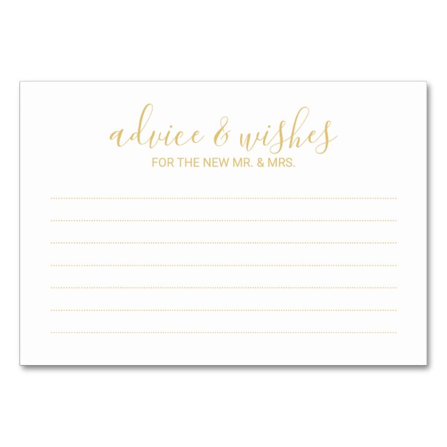 Modern White and Gold Wedding Advice and Wishes Table Number (Front)