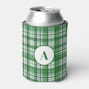 Modern White and Green Plaid Pattern Can Cooler