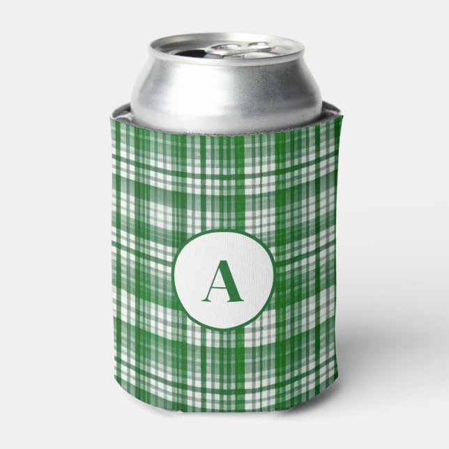 Modern White and Green Plaid Pattern Can Cooler (Can Front)