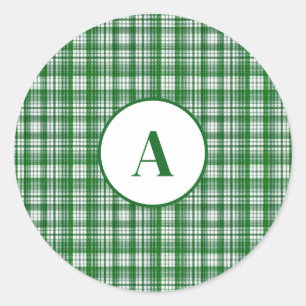 Modern White and Green Plaid Pattern Classic Round Sticker
