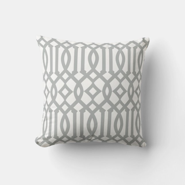 Modern White and Light Grey Trellis Pattern Throw Pillow (Front)