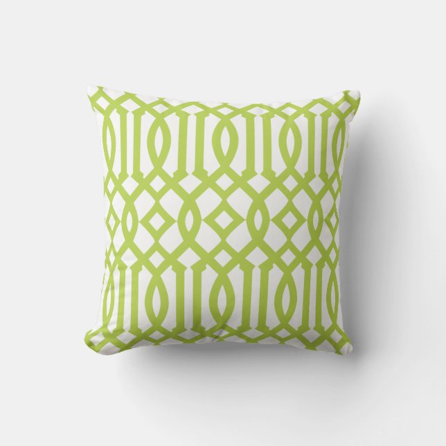 Modern White and Lime Green Trellis Pattern Throw Pillow (Front)