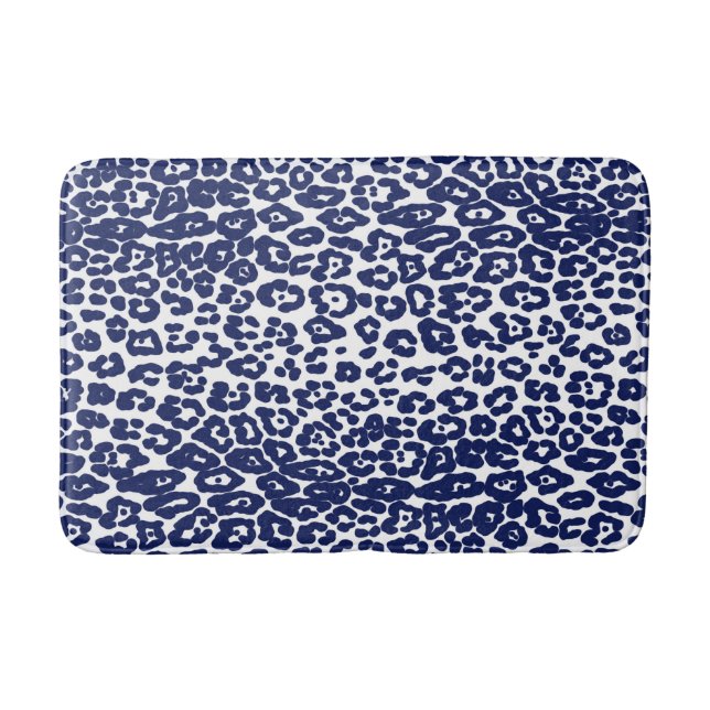 Modern white and navy blue leopard print bath mat (Front)