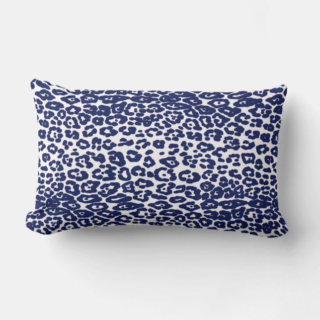 Modern white and navy blue leopard print lumbar pillow (Front)
