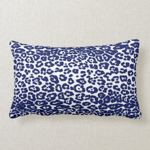 Modern white and navy blue leopard print lumbar pillow