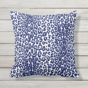 Modern white and navy blue leopard print outdoor pillow