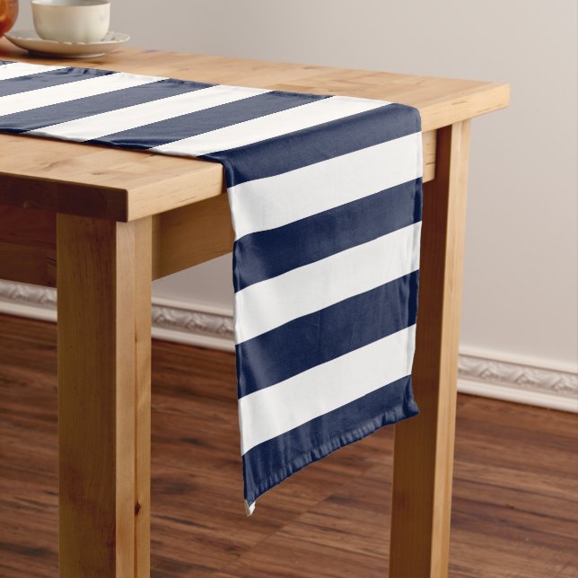 Modern White and Navy Blue Stripes Pattern Short Table Runner (In Situ)