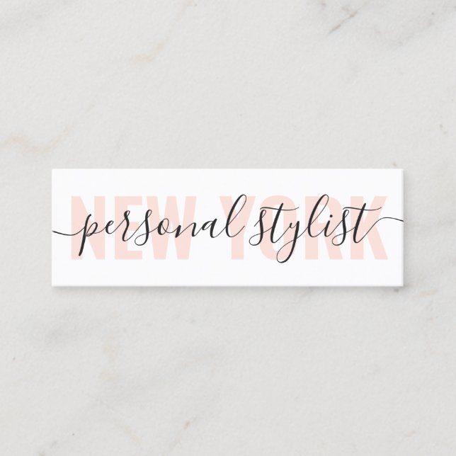 Modern white and peach fashion stylist script chic mini business card (Front)