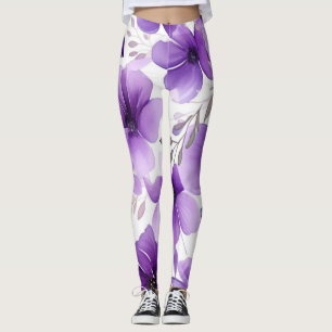Modern White and purple Floral Leggings 