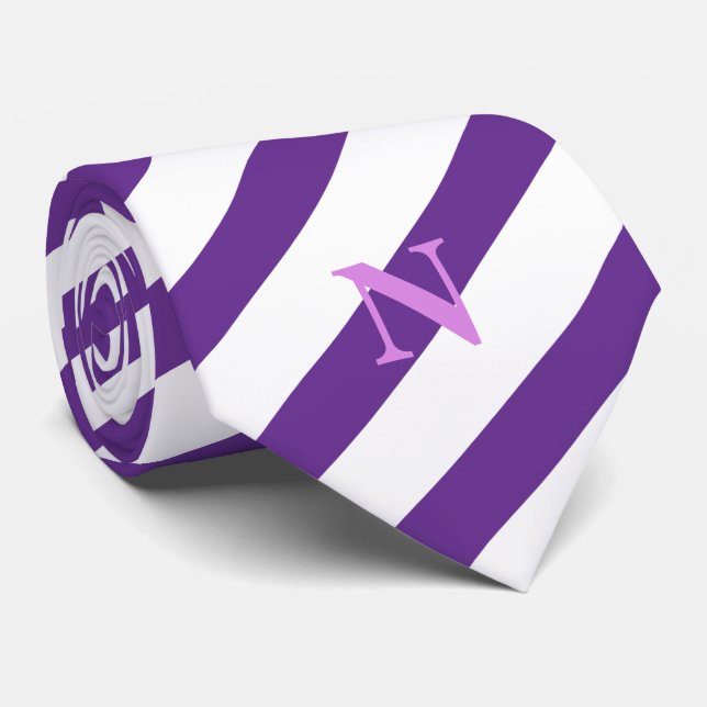 modern white and purple stripes monogram  neck tie (Rolled)