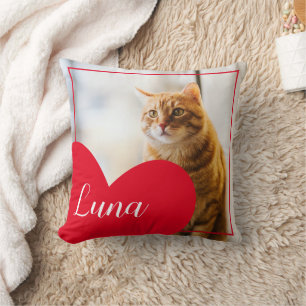 Modern White and Red Frame Heart Cat Memorial Throw Pillow