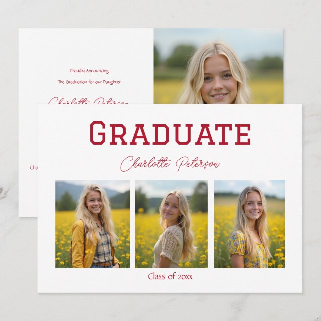 Modern White and Red Photo Grad Announcement (Front/Back)