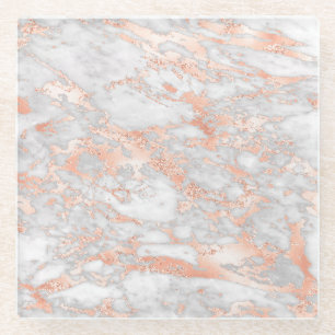 Modern White and Rose Gold Marble Pattern Glass Coaster