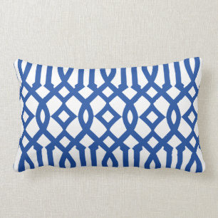 Modern White and Royal Blue Trellis Pattern Lumbar Pillow