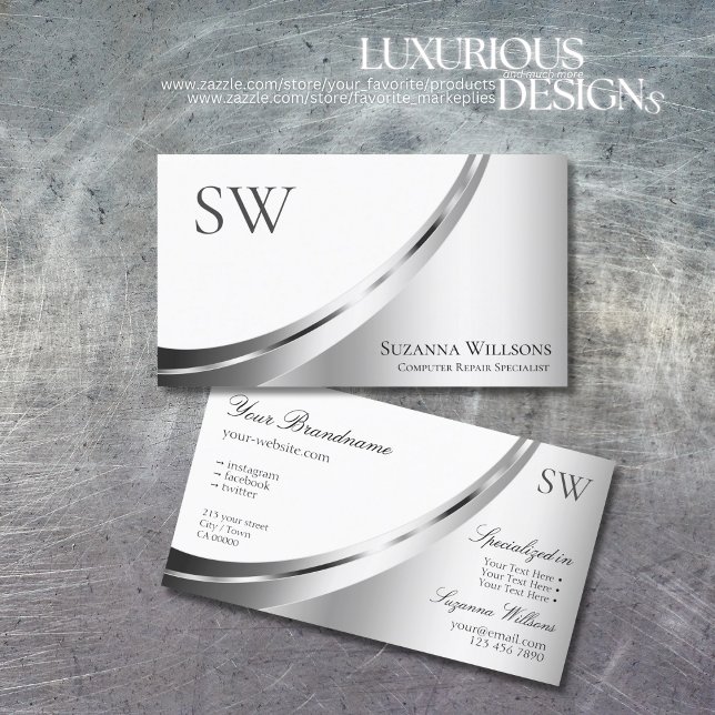 Modern White and Silver Decor with Monogram Noble Business Card (Creator Uploaded)