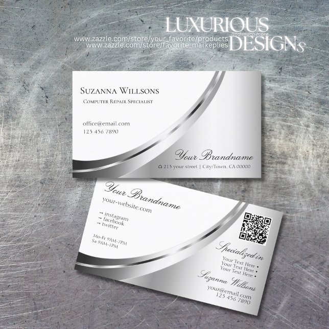 Modern White and Silver Decor with QR Code Elegant Business Card (Creator Uploaded)