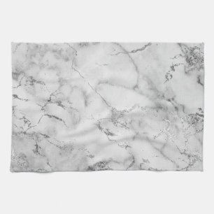 Modern White and Silver Glitter Marble Pattern Kitchen Towel