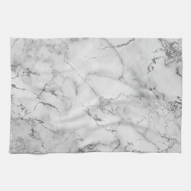 Modern White and Silver Glitter Marble Pattern Kitchen Towel (Horizontal)