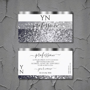 Modern White and Silver Sparkling Glitter Monogram Business Card