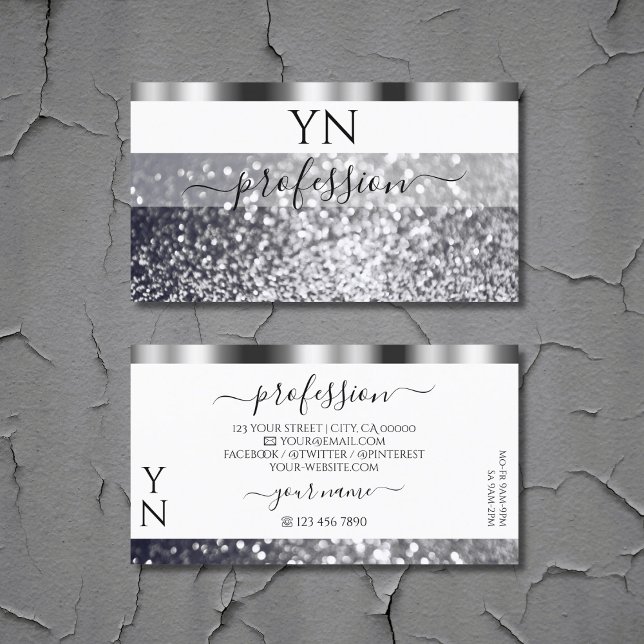 Modern White and Silver Sparkling Glitter Monogram Business Card (Creator Uploaded)
