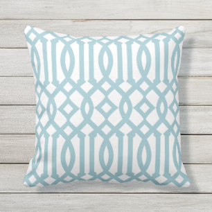 Modern White and Sky Blue Trellis Pattern Outdoor Pillow