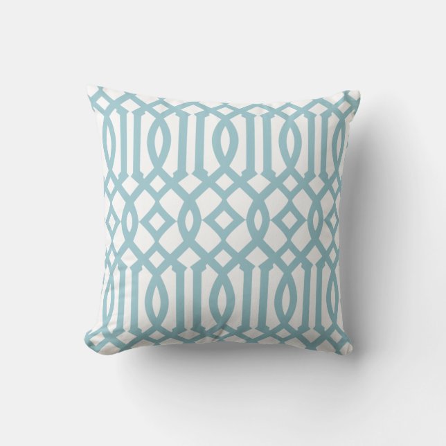 Modern White and Sky Blue Trellis Pattern Throw Pillow (Front)
