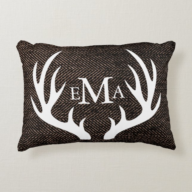Modern White Antlers & Espresso Brown Herringbone Accent Pillow (Front)