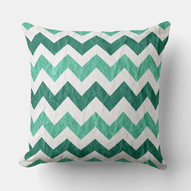 Modern White Aqua Chevron Leather Throw Pillow (Front)