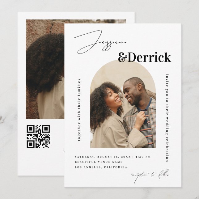 Modern White Arch 2 Photos Minimal QR Code Wedding Invitation (Front/Back)