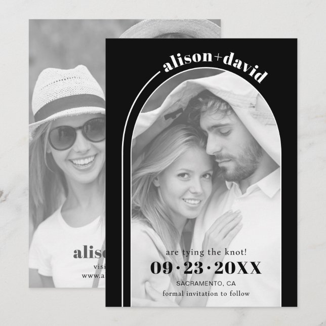 Modern white arch and photo black wedding save the date (Front/Back)