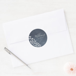 Modern White Berries Sprig Dark Blue Christmas Classic Round Sticker