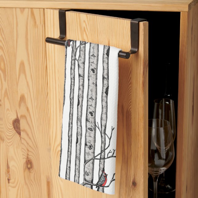 Modern White Birch Trees and Red Cardinal Birds Kitchen Towel (Thirds Fold)