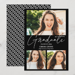 Modern white black 3 photos collage graduation announcement