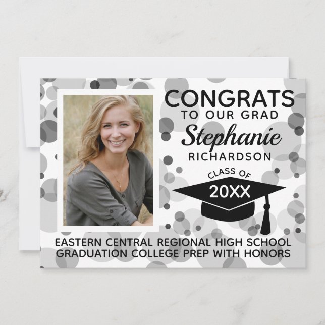 Modern White Black Bokeh Bubbles Photo Graduation Invitation (Front)