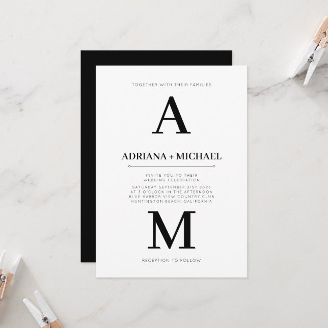Modern White Black Bold Typography Wedding Invitat Invitation (Front/Back In Situ)