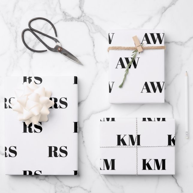 Modern white black custom monogram initial pattern wrapping paper sheet (Front)