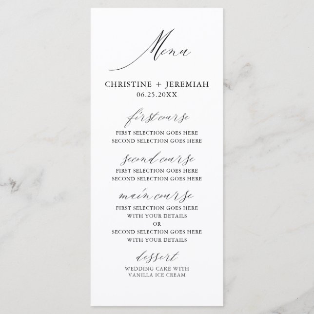 Modern White Black Elegant Script Wedding Menu (Front)
