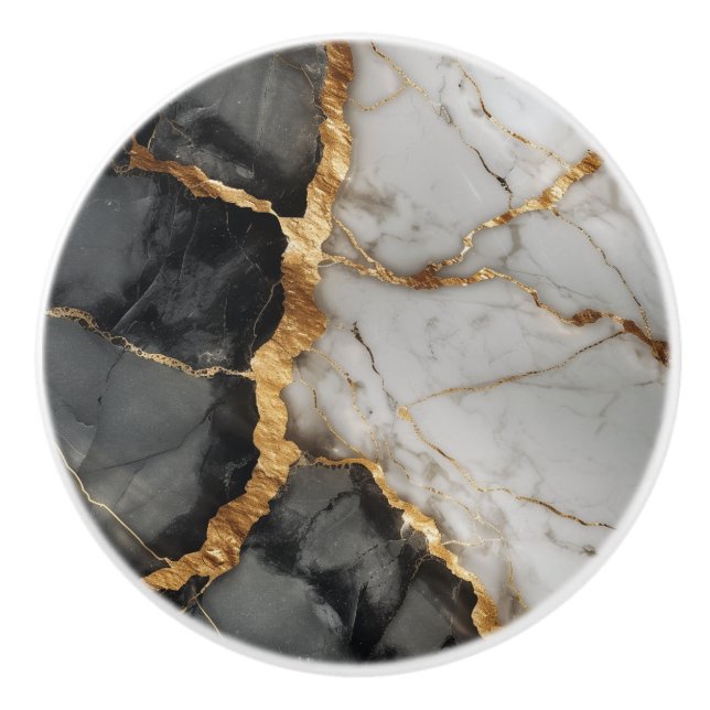 Modern White Black Gold Marble Ceramic Knob (Front)