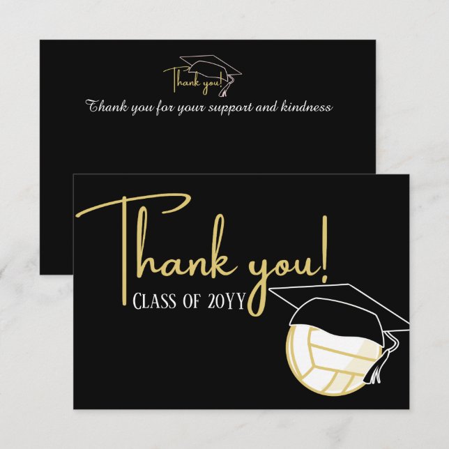 Modern White Black Gold Volleyball Graduation Thank You Card (Front/Back)