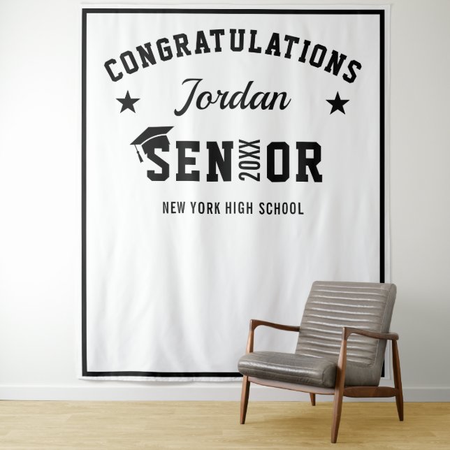 Modern White Black Graduation Party Photo Backdrop Tapestry (In Situ)