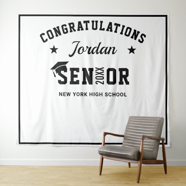 Modern White Black Graduation Photo Booth Backdrop Tapestry (In Situ (Horizontal))