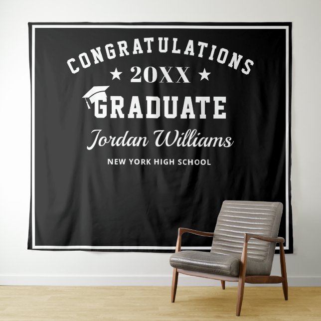 Modern White Black Graduation Photo Prop Backdrop Tapestry (In Situ (Horizontal))