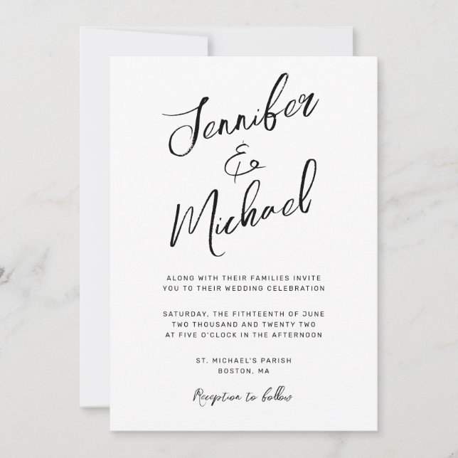 Modern  White Black Hand Lettered Script Wedding Invitation (Front)