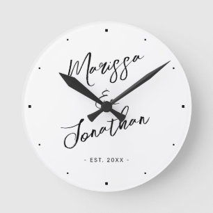Modern White Black Hand Lettered Wedding Round Clock